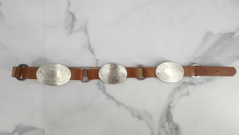 Chico's Western 42" Belt siz Medium Brown faux leather, 3 silver medallions